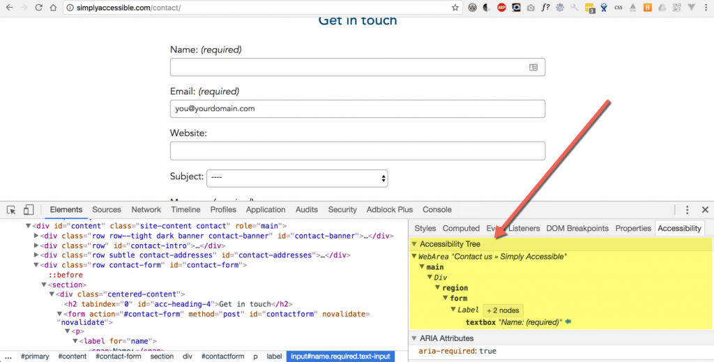 Panels of Chrome Development Tools with Open Accessibility Tree