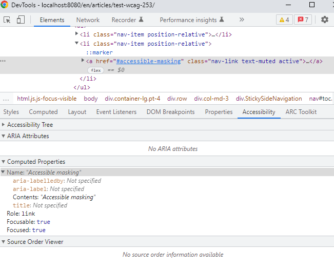 Chrome Developer Tools panels with the Accessibility tree open