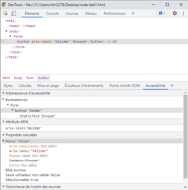 Panneaux des outils de développement de Chrome avec l'inspecteur d'accessibilité ouvert