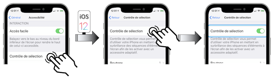 Sur <span lang='en'>iOS</span> 12 : activer Contrôle de sélection à partir du menu Général-Accessibilité-Contrôle de sélection